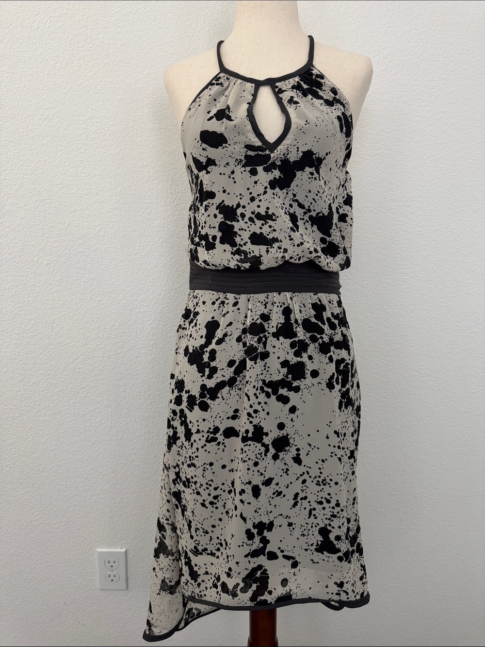 NWT W118 by Walter Baker Paint Blot Dress Halter Keyhole High Low Gray Cream XS